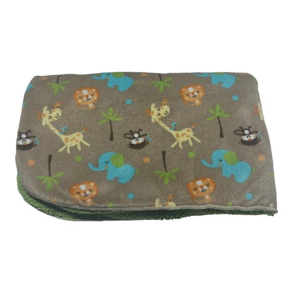 Just Born Brown Tan Baby Blanket Safari Zoo Jungle Animal Green Sherpa - Picture 1 of 7